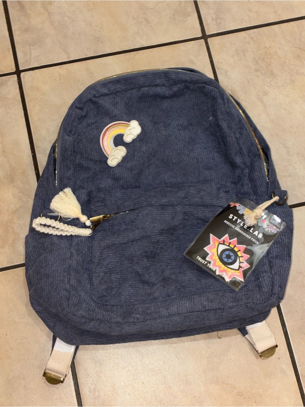 Mstylelab Navy Corduroy Kids Backpack with Rainbow Patch and Tassel